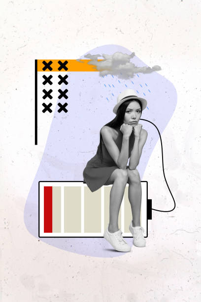 istock Vertical collage creative poster monochrome effect sadness unhappy apathy young woman sit low battery colorful template 2193840816