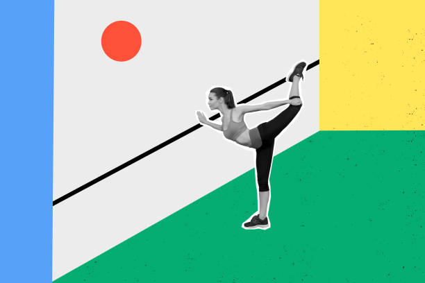 Creative collage picture young attractive fit girl stretching leg gymnast practicing exercise warmup aerobics drawing background.