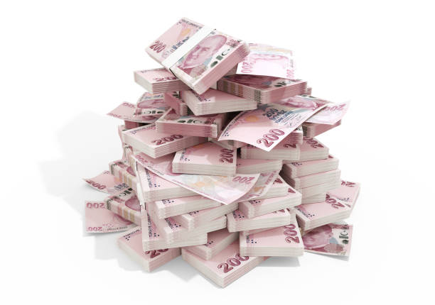 istock 3D rendering of stacks of 200 Turkish Lira notes isolated on white background. 2193841770