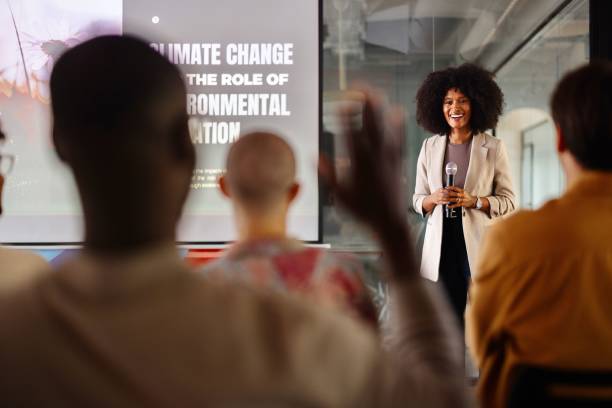 istock Woman leading a panel discussion about sustainability 2193841830