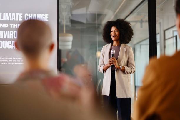 istock Businesswoman talking about  sustainable energy on a panel discussion 2193841832