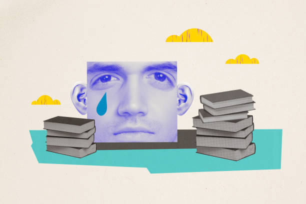 Creative collage banner man face body fragment cutout crying tear drop overloaded depressed exhausted literature reader book stacks.