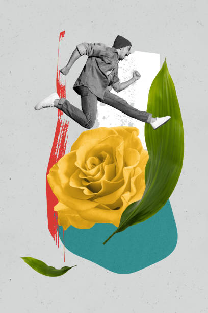 istock Vertical collage image of excited mini black white effect guy rejoice jump huge rose flower plant leaf isolated on grey background 2193842003