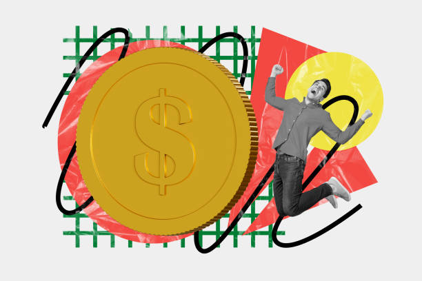 istock Creative collage creative poster monochrome effect excited funny joyful young man income colorful large coin exclusive white background 2193842009