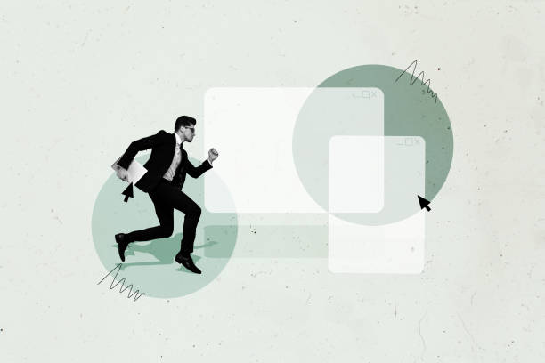 istock Composite creative magazine collage of young inexperienced businessman be late run cursor tab online meet conference video call isolated on green background 2193842013