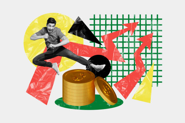 istock Collage creative poster illustration black white effect smile happy strong young man growth income colorful arrow white background 2193842017