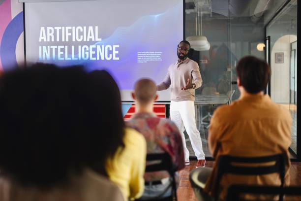 Modern people talking about AI in a seminar