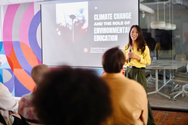 istock Female person talking about climate change 2193842157