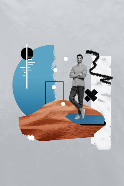 istock Vertical collage poster illustration monochrome effect excited happy successful young man cross hands pose stand desert colorful template 2193842185