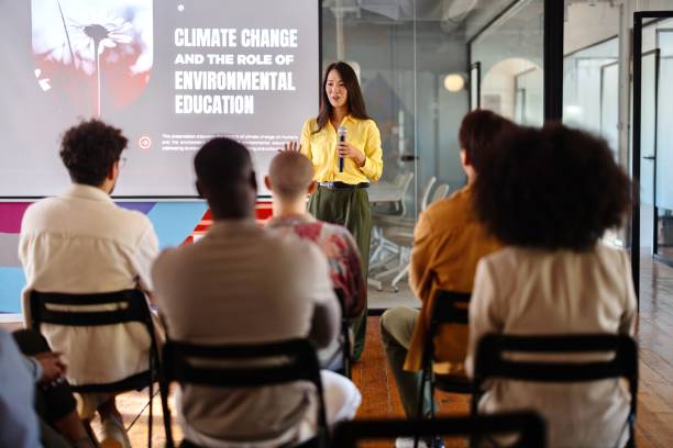 istock Japanese woman talking about climate change 2193842251