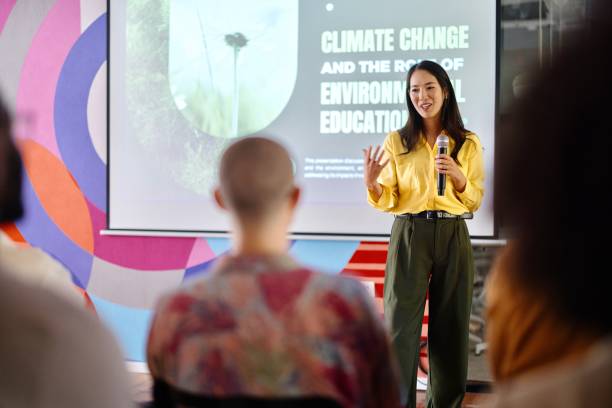 istock Businesswoman talking about climate change 2193842340