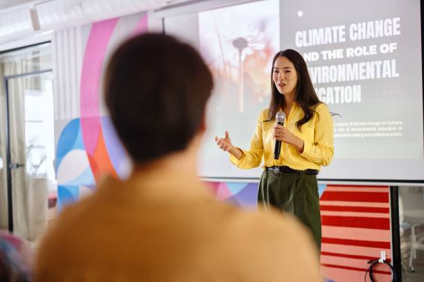 istock Businesswoman talking about climate change 2193842385