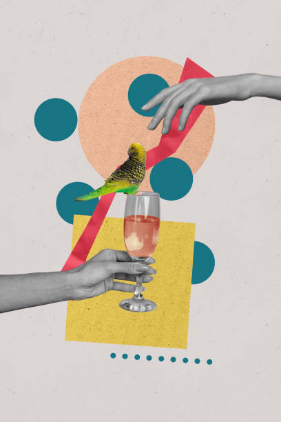 istock Vertical collage poster human hand hold glass alcohol drink martini champagne give another arm sitting bird pub special offer weekend 2193843486