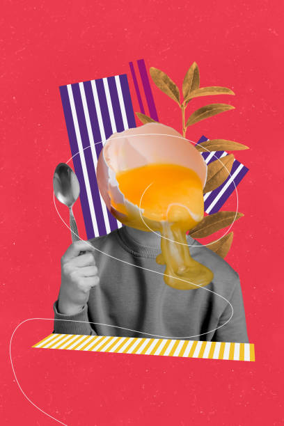 istock Vertical photo collage headless person ready eat wait dish raw egg spills head hold spoon restaurant menu order drawing background 2193843492