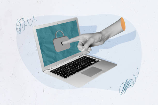 istock Collage photo of laptop computer lock screen protection to save data fingers trying click password isolated on gray color background 2193843540