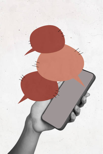 istock Vertical creative magazine collage of hand hold iphone discussion correspondence chat distance text box internet online gadget isolated on white background 2193843635