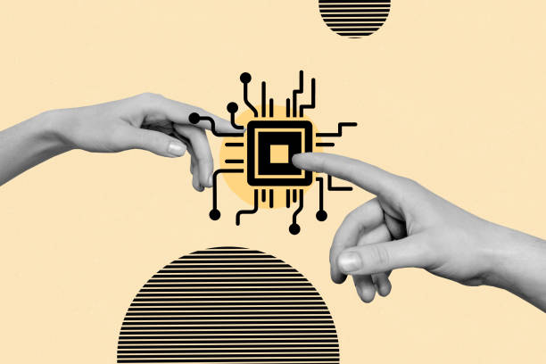 istock Collage photo illustration of modern microchip processor point fingers new technology in industry cpu intel isolated on beige background 2193843866