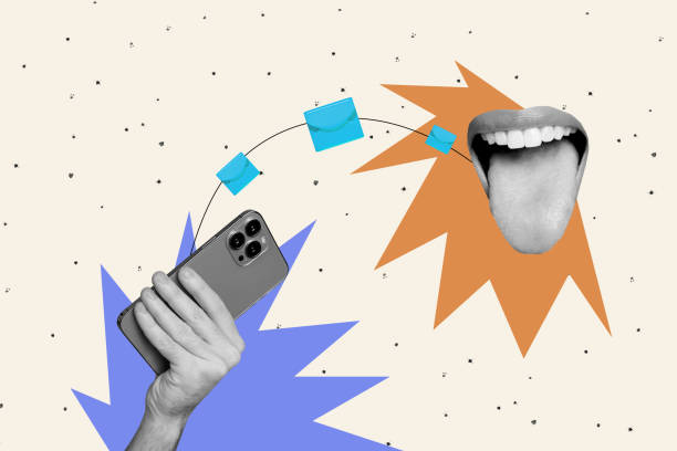 istock Collage artwork banner of digital app smartphone sending a message to open mouth networking email isolated on beige color background 2193843903
