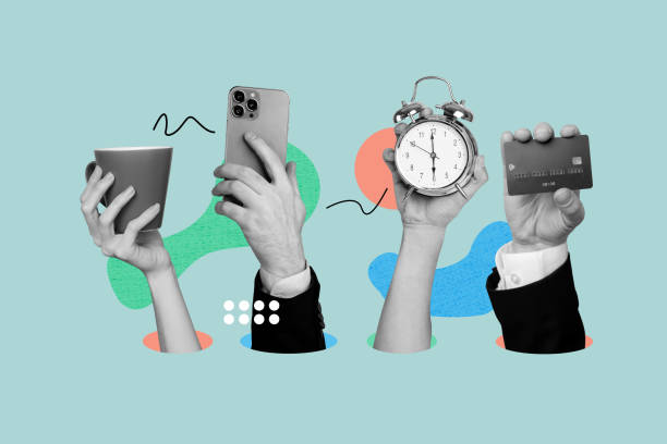 istock Creative collage human hands showing credit card cashless payment clock countdown smartphone cup drink coffee tea drawing background 2193844951