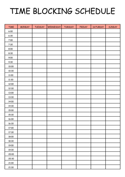 istock 24 Hourly Weekly Schedule - Monday Start. Mockup for daily scheduling and time management. 30-minute increment hourly planner templates. Time Planner 2193844987