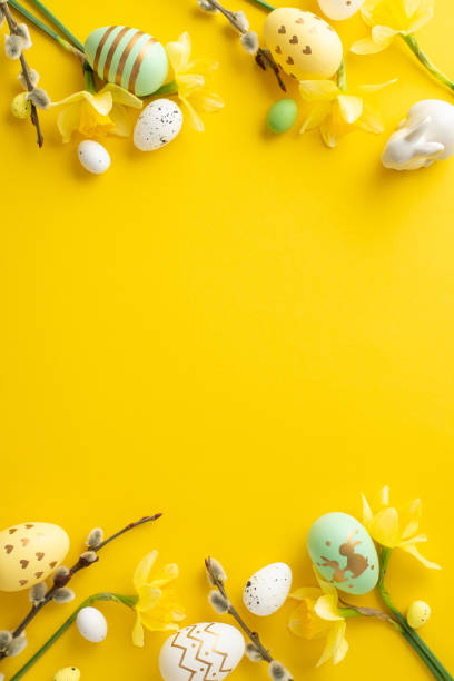 istock Easter-themed vertical arrangement with decorated eggs and blooming flowers, emphasizing vibrant springtime 2193847881