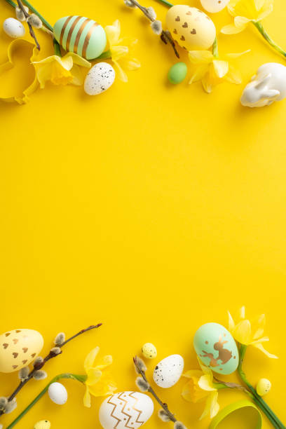 Bright Easter eggs, flowers, and decorations displayed on a vibrant yellow vertical background. Perfect for holiday, spring, and festive themes
