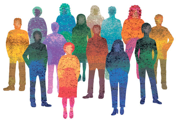 ilustrações de stock, clip art, desenhos animados e ícones de vector characters - silhouettes. unrecognizable portraits of women and men. group of people. textured. multicolored. - ativista