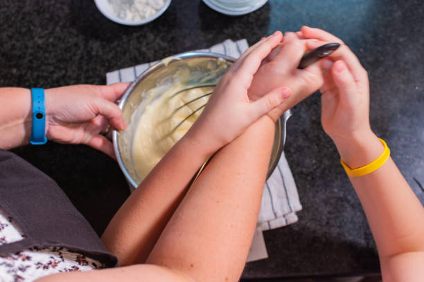 Close-up of mother and daughter's hands stirring a cake batter in a bowl.