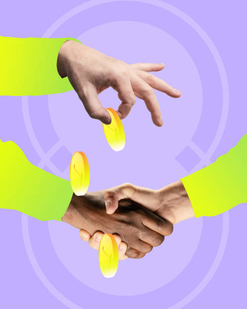 istock Modern artwork. Hands exchanging coins, shaking hands below, representing financial transactions and partnership, against purple background. 2193866598