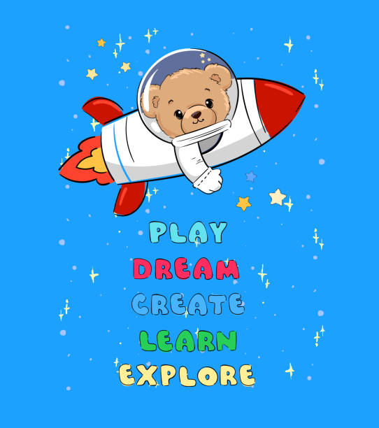 istock Rocket illustration with Teddy Bear, kids t shirt design vector Hand Drawn 2193867562