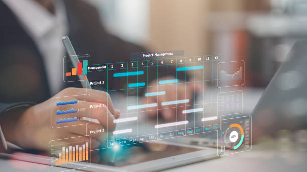 istock Project management concept. Site manager working with Gantt chart schedule to plan tasks and progress. Planning software. Corporate strategy for construction, finance, operations, sales, marketing. 2193868180