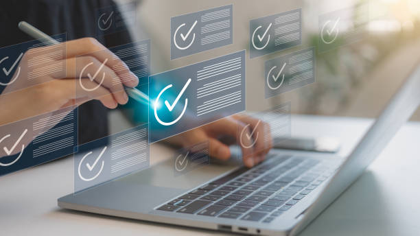 istock Businessmen people working laptop checklist questionnaire assessment form, online survey online exam Choosing the right answer in the exam. checklist and clipboard task documentation management, 2193868961