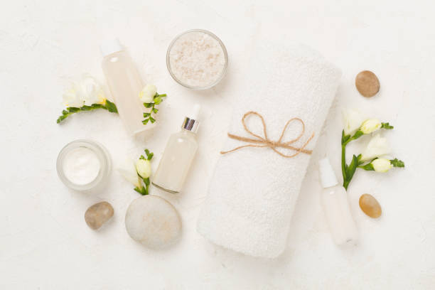 istock Flat lay with spa products and flowers on concrete background 2193870291