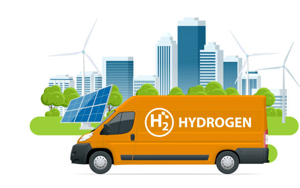 istock Isometric Hydrogen energy car. Smart city with wind turbines, solar panels Alternative energy and zero emission. Hydrogen powered transportation. Green energy 2193870862