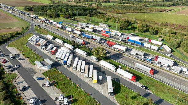 Multiple lane highway, traffic jam - aerial view