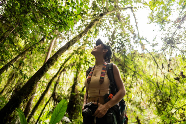 Young woman hiking on forest