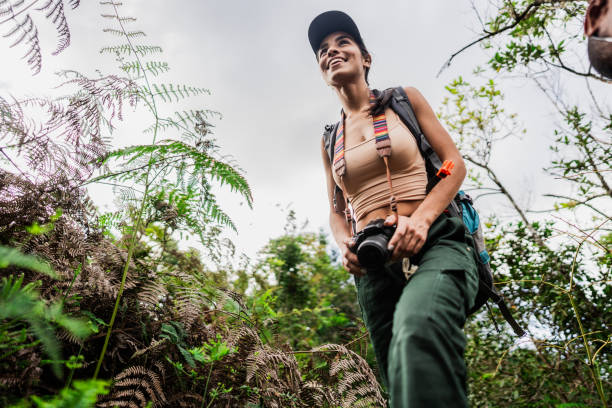 Young tourist woman doing hiking