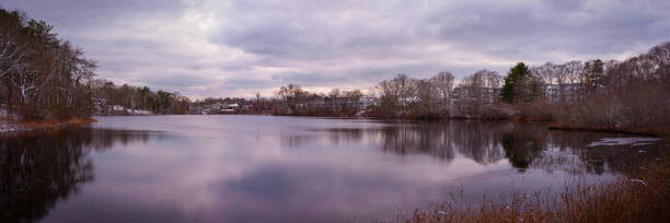 Cape Cod Winter Snowscape at Sols Pond Wildlife Preservation Area in Massachusetts, USA: A peaceful panoramic landscape of New England of America