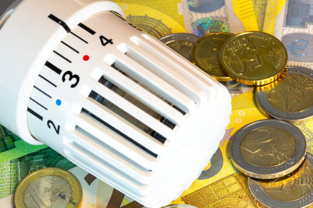 istock Thermostat on euro banknotes and coins (symbol image) 2193877619