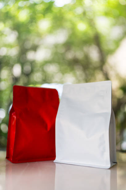 Red and white coffee bag packaging mockup, suitable for branding, mockup for marketing, mockup for packaging.