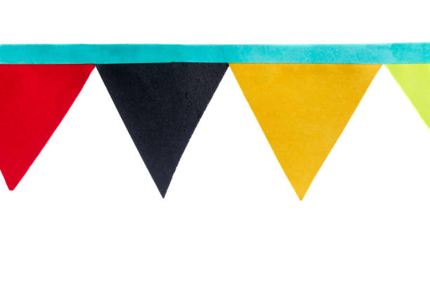 Bright and colorful decorative bunting flags made of paper, set against a white background. Ideal for festive celebrations, party decor, and holiday designs.