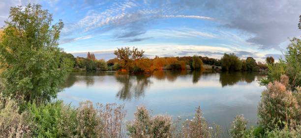 A beautiful panoramic view over the water at Lake Meadows park on a summer’s day in Billericay, Essex.