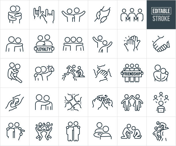 Friends Thin Line Icons - Editable Stroke - Icons Include Friendship, Best Friends, Arm Around Shoulder, Group Of Friends, Hanging Out, Trust, Empathy, Loyalty, Dependable, Trustworthy, Holding Hands, Hugging A set of friends icons that include editable strokes or outlines using the EPS vector file. The icons include two friends giving each other a hug, two friends using love gesture toward each other, two friends with arms around each others shoulders waving, two hands clasped together, three friends holding hands, friend with his arm around his friend, two friends holding a sign reading "Loyalty," two friends waiving to each other, high five between friends, two friends holding hands, friend giving a friend a piggy back ride, a friend taking a selfie with her friend, person jumping a cliff gap to the open arms of his friend, hand stack between friends, three friends holding a sign reading "Friendship," woman putting arm around her sad friend, two hands reaching out to one another, man with his hand on the shoulder of his sad friend, fist bump, pinky promise between two friends, two friend dressed as superhero in capes, person with social media friends, two golfing buddies with arms around each others shoulders, four friends jumping together, friends having lunch together, two friends with arms around each others shoulders, a person helping his friend in need and a friend helping another friend climb up a cliff face. children holding hands icon stock illustrations