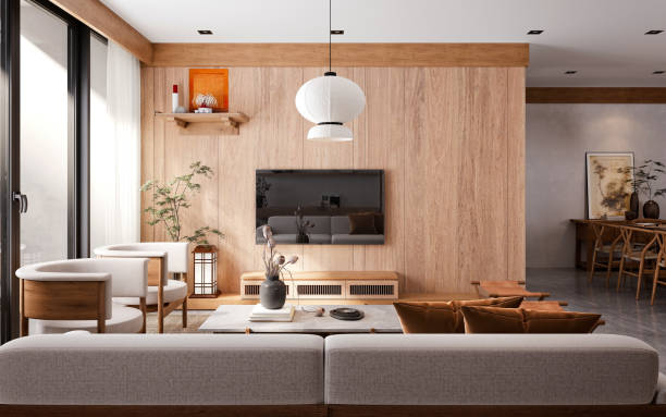 istock 3d render wooden designed living room 2193882959