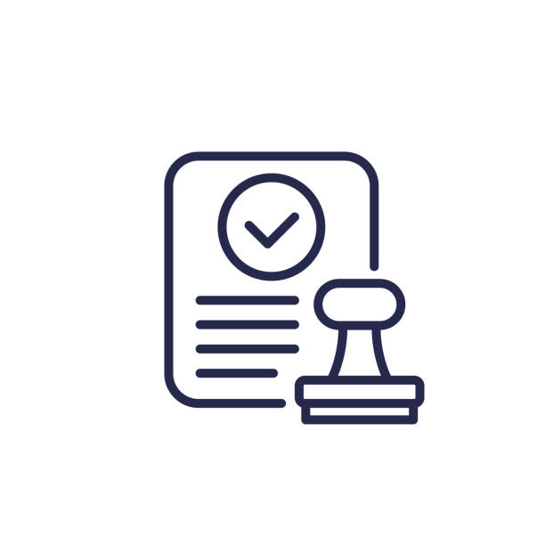 stockillustraties, clipart, cartoons en iconen met approved document line icon with a stamp - autoriteit