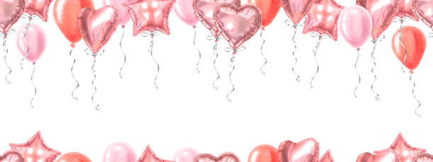 istock Horizontal seamless border with pink glossy balloons with blank space for greeting text. Hand drawn watercolor illustration of party decor on isolated background. Template for birthday, sale, event 2193885411
