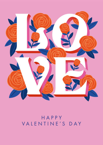 Valentine’s Day. 3D Love text in retro style typography with red roses. Trendy typography vector illustration for celebrate Valentine’s Day. Valentine’s Day template, greeting card, poster, banner with flowers on pink color background. Stock illustration