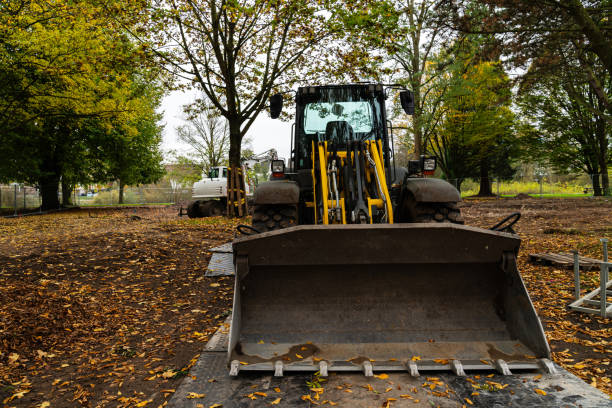 Construction site featuring a front loader parked in an area covered with autumn leaves. In the background, trees and another construction vehicle are visible.