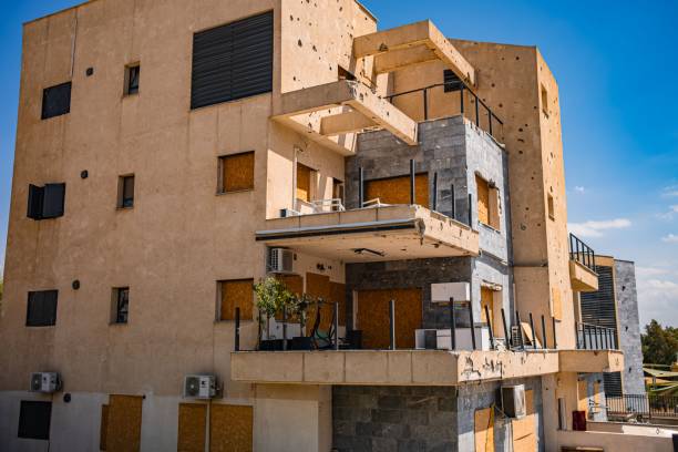 Kiryat Shmona, Israel – September 01, 2024: A residential building in Kiryat Shmona showing damage caused by a Hezbollah rocket strike.