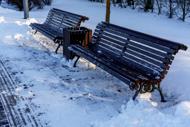 Bench by a sidewalk cleared of snow, winter evening, with sun and shadows, photographed from the height of an average-sized person, differentiated focus, without people